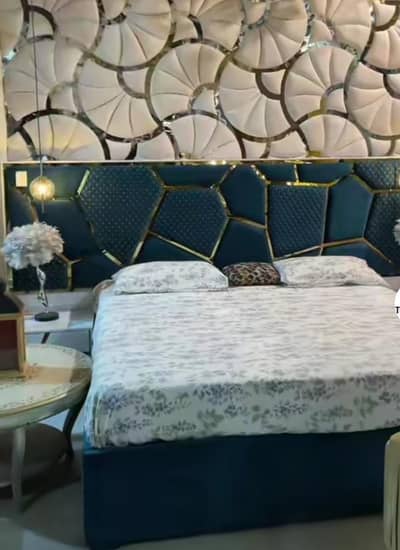 king size bed 12 foot front two side table dressing round shape mirror