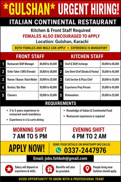 GULSHAN - RESTAURANT CONTINENTAL - URGENT