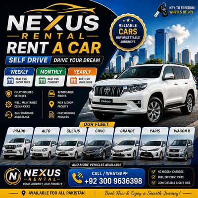 Monthly rent a car self Fortuner, Yaris, Cultus, Alto, Civic, Tucson