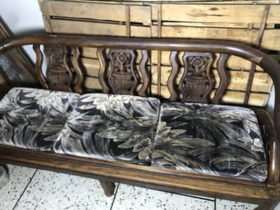 5 seater wood sofa with cushions + 3 tables
