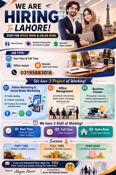 Office & Online Work Staff Required – Lahore