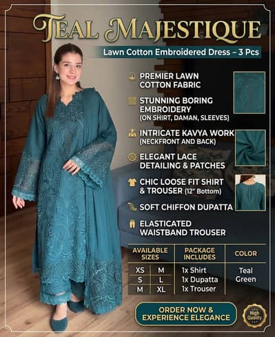 Teal Majestique - Lawn Cotton Embroidered Dress