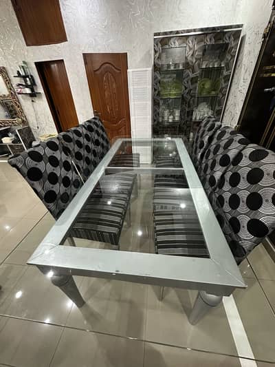 8 Seater Wooden Dining Table with Thick Glass Top & 8 Chairs