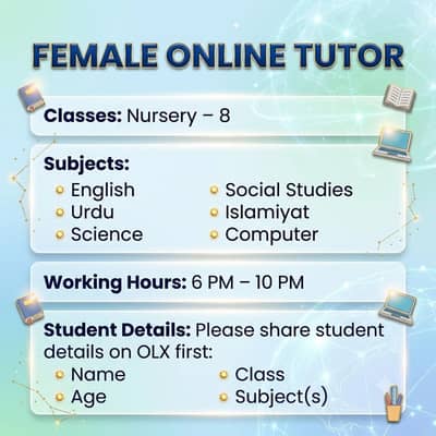 Female Online Tutor | Nursery to Class 8 | Multiple Subjects