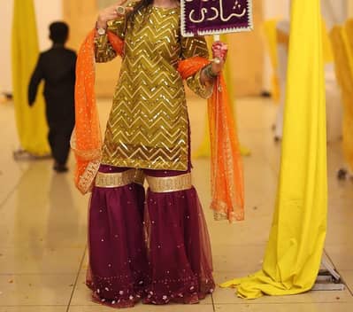 Small size Plum Net Sharara,and sitara shirt with net duppata