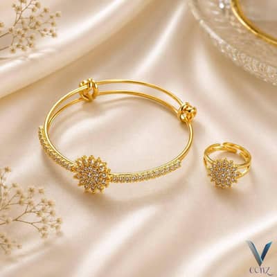 Luxury Zircon Bangles with Matching Ring Set | Bridal Jewelry