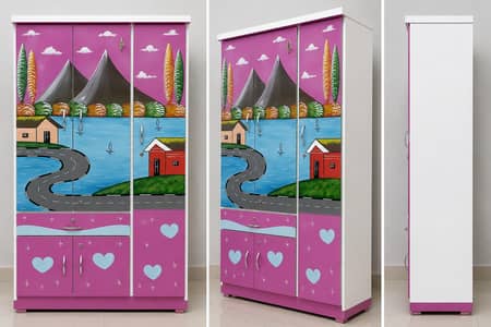 Kids Wooden Wardrobe / Almari – 3 Door, Pink & White