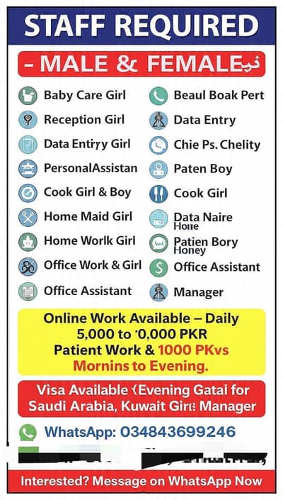 mm muje Kam kilye staff chye all Pakistan job available