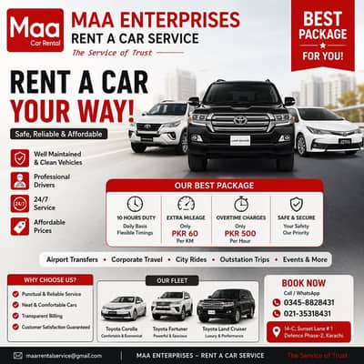 Toyota Corolla / Fortuner / Land Cruiser for Rent in Karachi