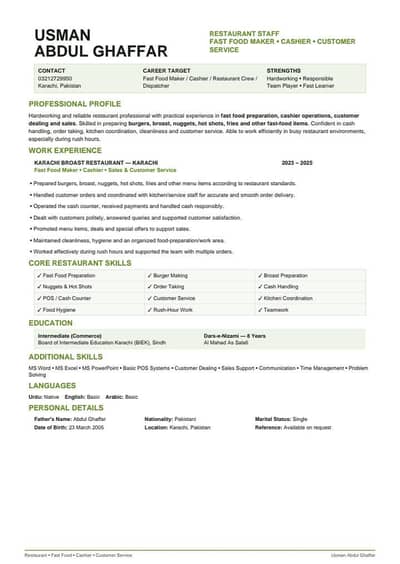I am looking for a Restaurant Job