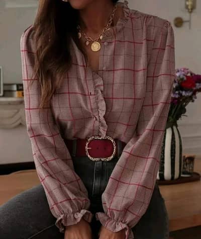 women plaid print ruffle color • Long sleeves • Formal Wear