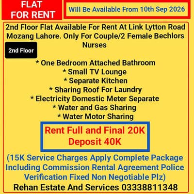 2nd Floor Family Flat For Rent At Link Lytton Road Mozang Lahore