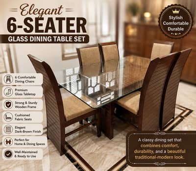 Elegant 6-Seater Brown Wood & Glass Dining Set