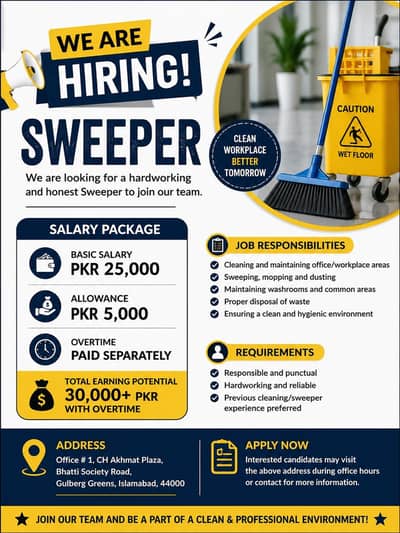Sweeper Required – Salary 30,000 + Overtime | Gulberg Greens Islamabad