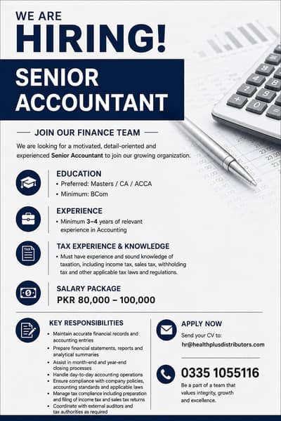Senior Accountant Required | 3–4 Years Experience | Finance Jobs