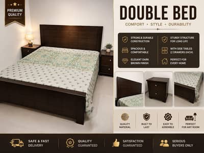 Modern King Size Wooden Bed with Headboard with Matrice & Side Tables