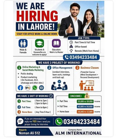 we are hiring staff male and female staff fresher and experience apply