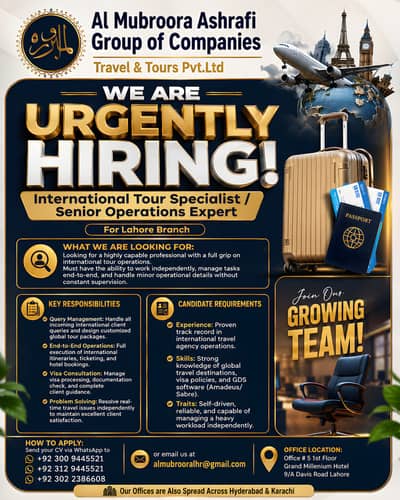 International Tour Specialist / Senior Operations Expert – Lahore