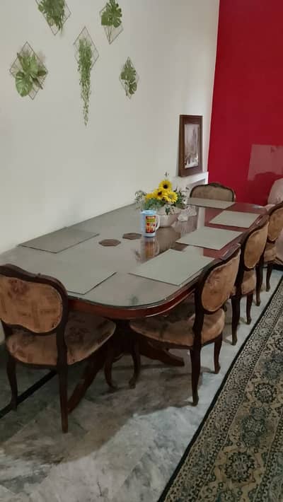 Solid Wood 8-Seater Dining Table Set with Glass Top & Cushioned Chair