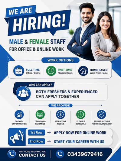 We are hiring male and female for office and online work in Lahore