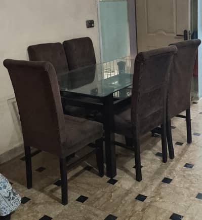 6 Seater Dining Table Set – Glass Top with velvet cover  Chairs