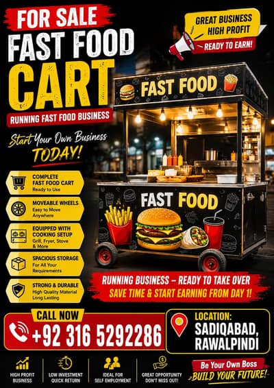 Fast Food Cart with Movable Wheels – Running Business for Sale