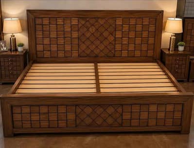 Wooden bed set-double bed set-King size bed-Poslish bed set side tabl