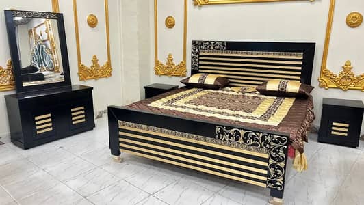 Wooden bed set-double bed set-King size bed-Poslish bed set side tabl