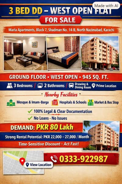 3 Bed DD  West Open Flat for Sale, Maria Apartments, Bk7, Shadman town