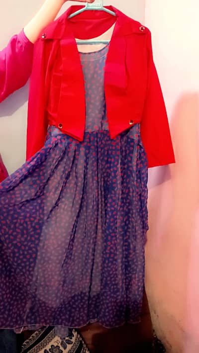 Beautiful Blue Printed Maxi with Red Jacket – Stylish Ladies Dress