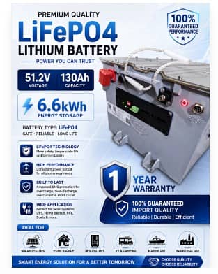 Title: LiFePO4 Lithium Battery 51.2V 130Ah – 6.6kWh | 1 Year Warranty