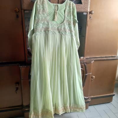 Elegant Mint Green Embroidered Maxi Dress with dubatta and trouser