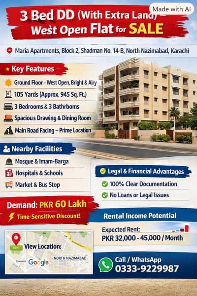 3 Bed DD (with extra land) main road 300 feet- West Open Flat for SALE