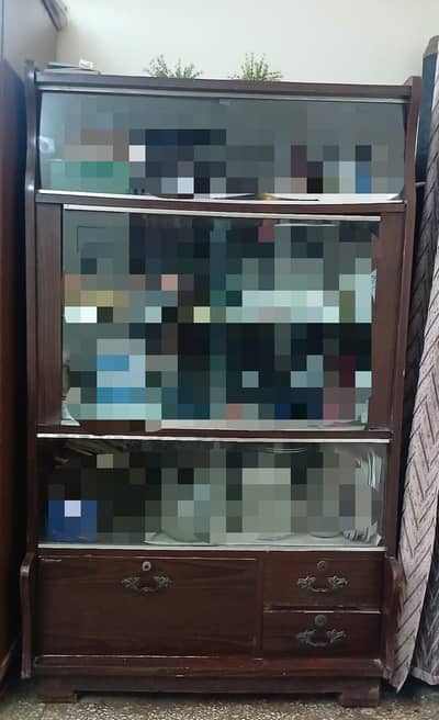 Solid Wooden Display Showcase Cabinet with Glass Shelves & Drawers