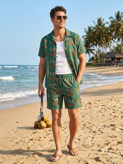 Men's Printed Short-Sleeve Shirt with Shorts Two-Piece Set