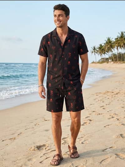 Men's Printed Short-Sleeve Shirt with Shorts Two-Piece Set