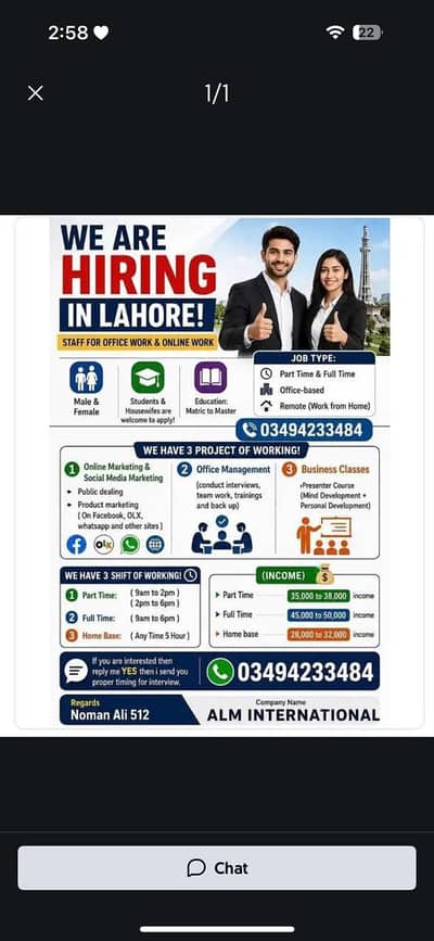 we are hiring staff male and female fresher and experience apply
