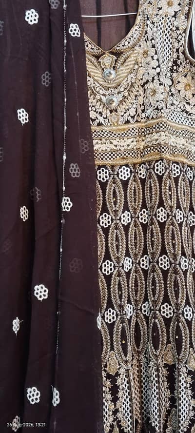 Elegant Brown Embroidered Maxi 3pc in chiffon fabric