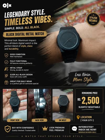 ⌚ Black Digital Metal Watch For Sale