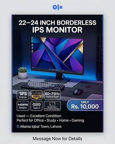 22-24inch BorderLess IPS LED Monitor - 60-75Hz | HDMI | Type-C | 1080p