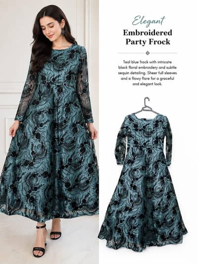 Elegant Teal blue embroidered frock