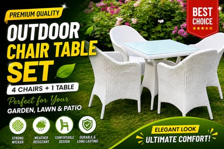 Premium White Outdoor Chair & Table Set | 4 Chairs + 1 Table | Garden
