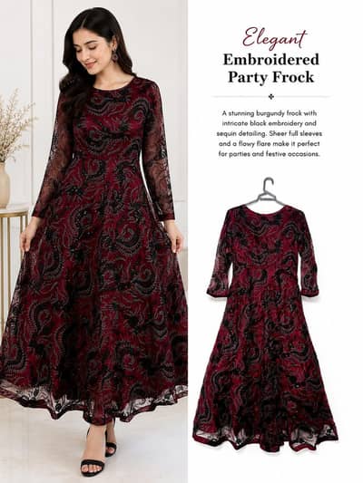 Elegant Burgundy Embroidered Maxi Frock