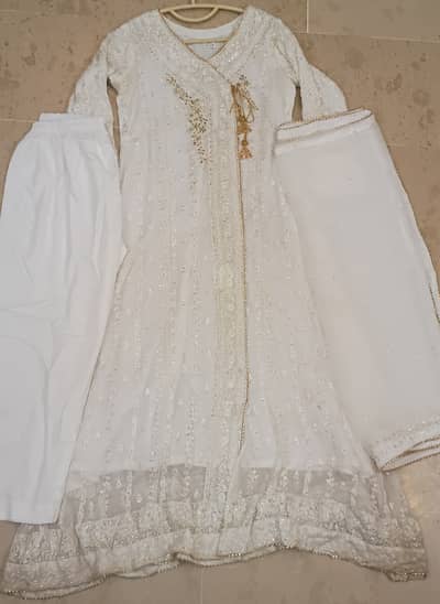 Beautiful White Embroidered 3-Piece Party Wear Dress