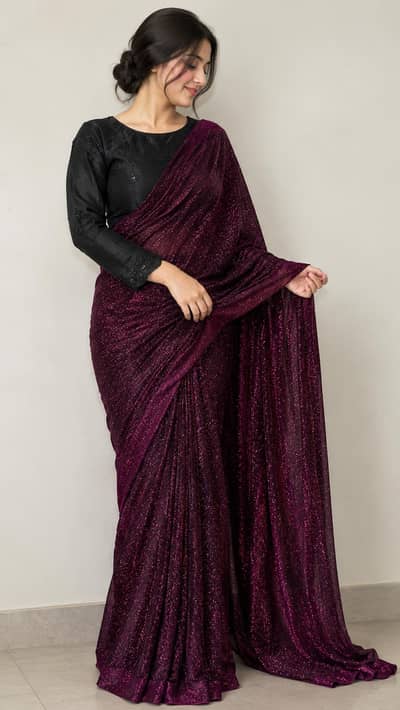 Glittering Deep Magenta Saree with Black Silk Blouse