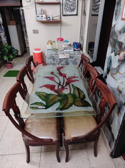 Dining Set - Durable Iron Base Table With Floral Glass & Wooden Chairs