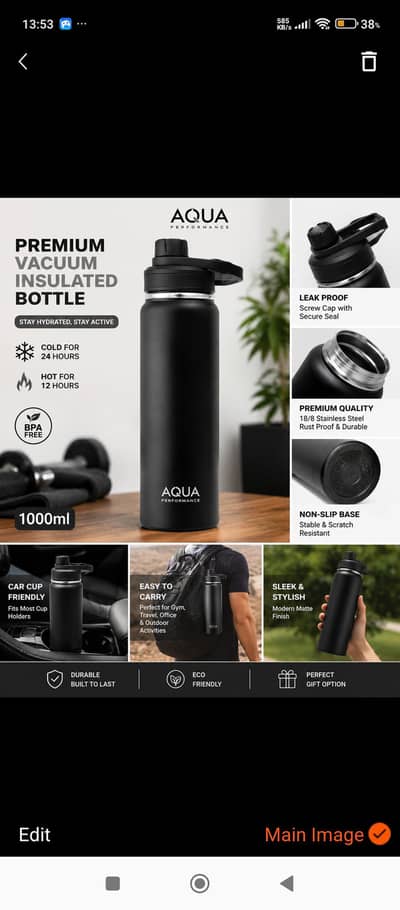 Water bottle , insulated , leakproof , stay water hot and cold