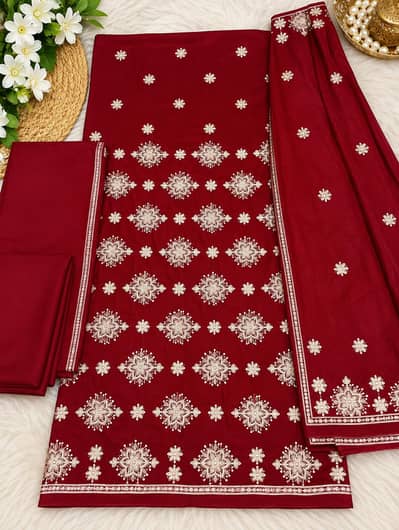 Imported Embroidered Phoenix Velvet With Dark Red Colour