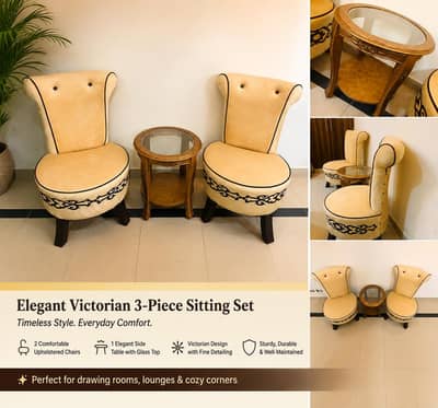 Elegant 3-Piece Victorian Sitting Set | 2 Chairs + Side Table