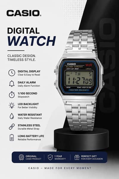 Original Casio Digital Watch – Stainless Steel Chain